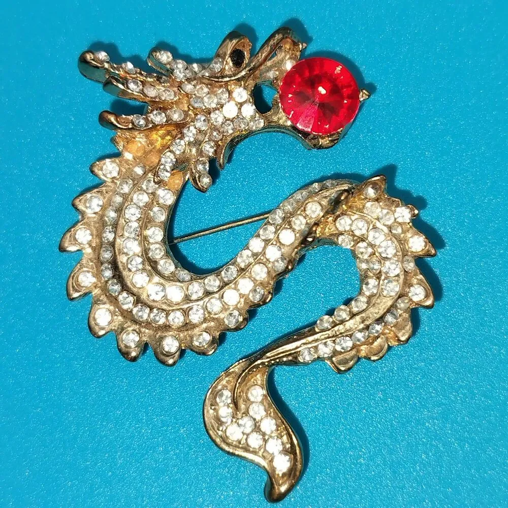 Sparkling Gold Tone Dragon Brooch Pin Red Crystal Ball Clear Rhinestones Fashion